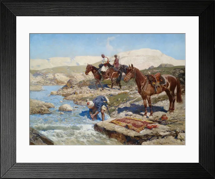 Framed Print : Cherkessian Horseman Crossing the River. Artist: Roubaud, Franz (1856-1928) Framed Print : Cherkessian Horseman Crossing the River. Artist: Roubaud, Franz (1856-1928)