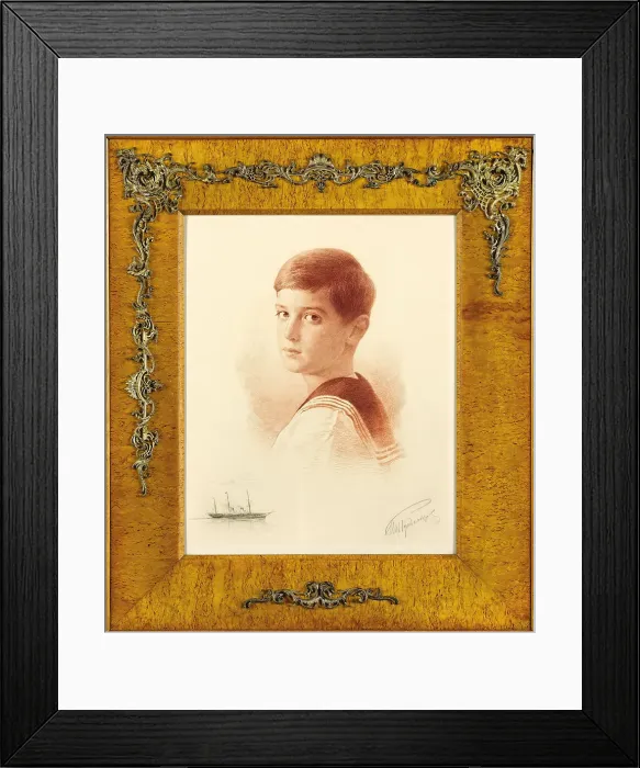 Framed Print : Portrait of the Successor to the throne Tsarevich Alexei Nikolaevich of Russia with a remarque depiction of the Imperial Yacht, 1913. Artist: Rundaltsov, Mikhail Viktorovich (1871-1935) Framed Print : Portrait of the Successor to the throne Tsarevich Alexei Nikolaevich of Russia with a remarque depiction of the Imperial Yacht, 1913. Artist: Rundaltsov, Mikhail Viktorovich (1871-1935)