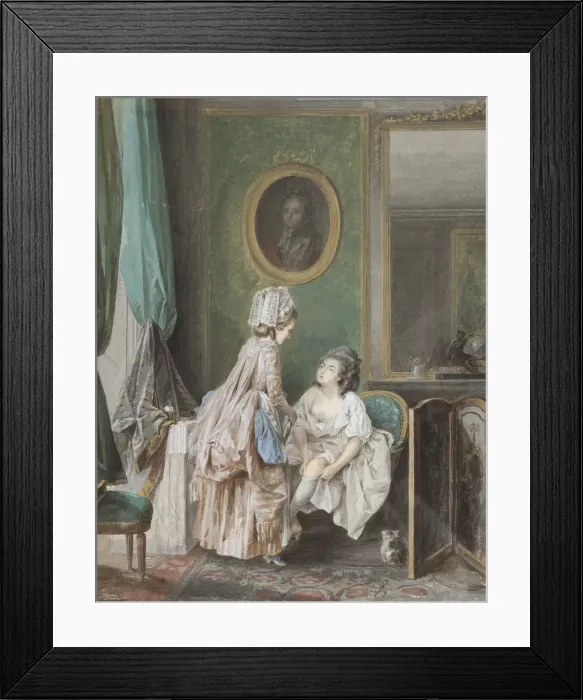 Framed Print : Woman pulling on her stocking, 1776