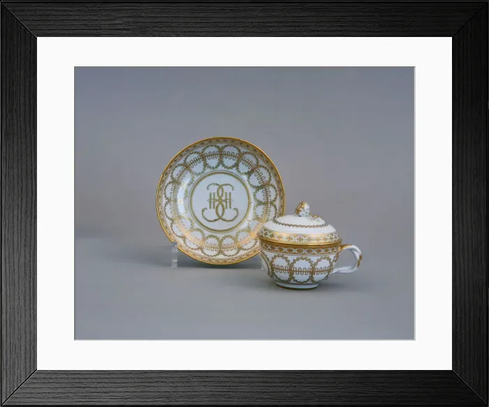 Framed Print : Cup and Saucer with the Monogram of Catherine II (Imperial Porcelain Factory), 1770-1780s. Artist: Russian master Framed Print : Cup and Saucer with the Monogram of Catherine II (Imperial Porcelain Factory), 1770-1780s. Artist: Russian master