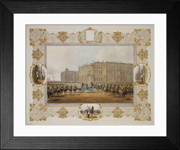 Framed Print : Review of the Horse-Guardsmen Regiment in Front of the Winter Palace, 1850s. Artist: Sadovnikov, Vasily Semyonovich (1800-1879) Framed Print : Review of the Horse-Guardsmen Regiment in Front of the Winter Palace, 1850s. Artist: Sadovnikov, Vasily Semyonovich (1800-1879)