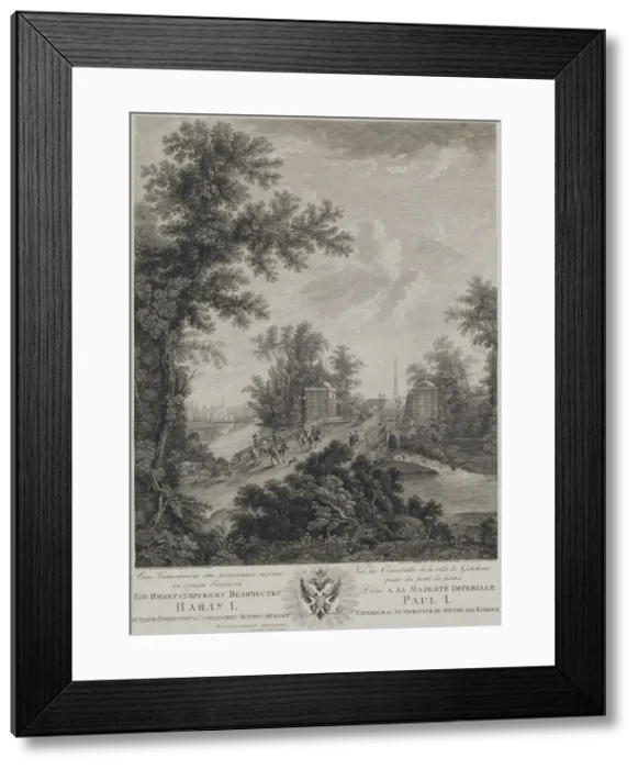 Framed Print : View of Connetable Square from the Stone Bridge in Gatchina, 1800. Artist: Telegin, Ivan Dmitryevich (active End of 18th cen. ) Framed Print : View of Connetable Square from the Stone Bridge in Gatchina, 1800. Artist: Telegin, Ivan Dmitryevich (active End of 18th cen. )