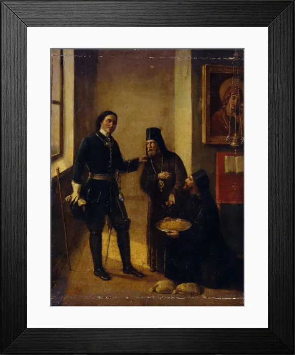 Framed Print : Bishop Mitrophan of Voronezh donating to Peter I for the Azov fleet construction on 1696, 1857. Artist: Terebenev, Mikhail Ivanovich (1795-1864) Framed Print : Bishop Mitrophan of Voronezh donating to Peter I for the Azov fleet construction on 1696, 1857. Artist: Terebenev, Mikhail Ivanovich (1795-1864)