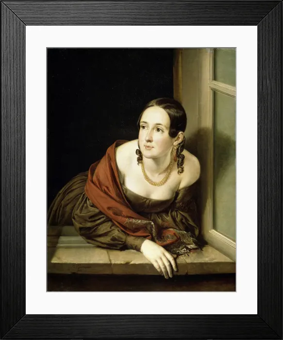 Framed Print : Woman at a window, 1841. Artist: Tropinin, Vasili Andreyevich (1776-1857) Framed Print : Woman at a window, 1841. Artist: Tropinin, Vasili Andreyevich (1776-1857)