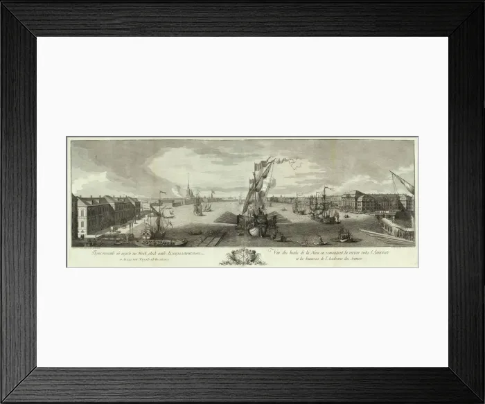Framed Print : View of the Neva Downstream from the Admirality and the Academy of Sciences (Book to the 50th anniversary of St Petersburg), 1753. Artist: Vinogradov, Yefim Grigoryevich (1725 / 28-1769) Framed Print : View of the Neva Downstream from the Admirality and the Academy of Sciences (Book to the 50th anniversary of St Petersburg), 1753. Artist: Vinogradov, Yefim Grigoryevich (1725 / 28-1769)