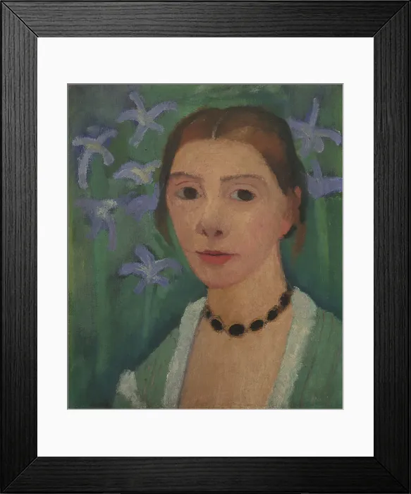 Framed Print : Self portrait in front of green background with blue irises, c. 1905 Framed Print : Self portrait in front of green background with blue irises, c. 1905