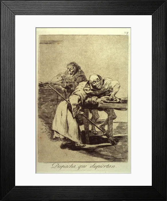 Framed Print : Despacha Que Dispiertan (Be quick, they are waking up), plate 78 from Los Caprichos, 1799. Artist: Goya, Francisco, de (1746-1828) Framed Print : Despacha Que Dispiertan (Be quick, they are waking up), plate 78 from Los Caprichos, 1799. Artist: Goya, Francisco, de (1746-1828)