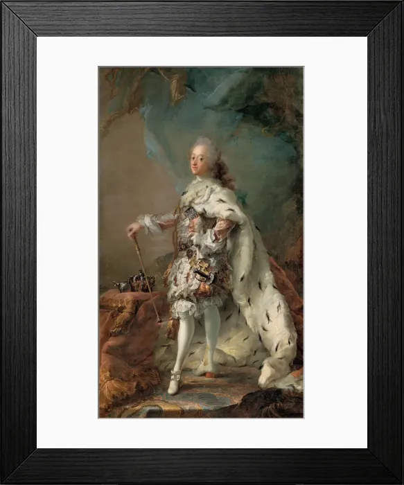 Framed Print : Portrait of Frederik V (1723-1766) in Anointment Robe, c. 1750. Artist: Pilo, Carl Gustaf (1711-1793) Framed Print : Portrait of Frederik V (1723-1766) in Anointment Robe, c. 1750. Artist: Pilo, Carl Gustaf (1711-1793)