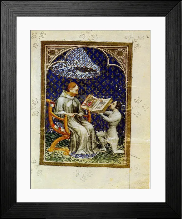 Framed Print : Jean de Vaudetar presents his gift of a book to Charles V of France. (From the Bible historiale of Jean de Vaudetar), 1372. Artist: Bondol, Jan (active 1368-1381) Framed Print : Jean de Vaudetar presents his gift of a book to Charles V of France. (From the Bible historiale of Jean de Vaudetar), 1372. Artist: Bondol, Jan (active 1368-1381)