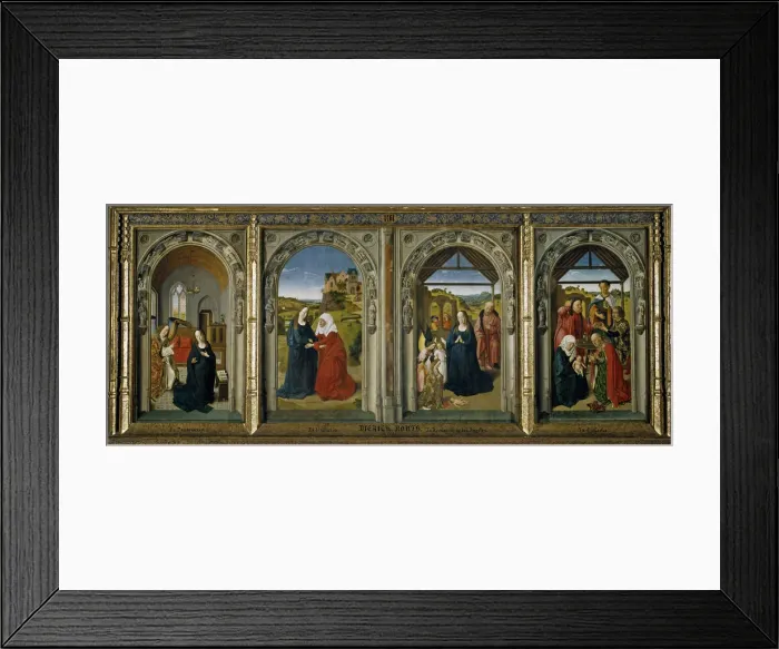 Framed Print : Four scenes from the life of the Virgin, ca 1442-1445. Artist: Bouts, Dirk (1410 / 20-1475) Framed Print : Four scenes from the life of the Virgin, ca 1442-1445. Artist: Bouts, Dirk (1410 / 20-1475)
