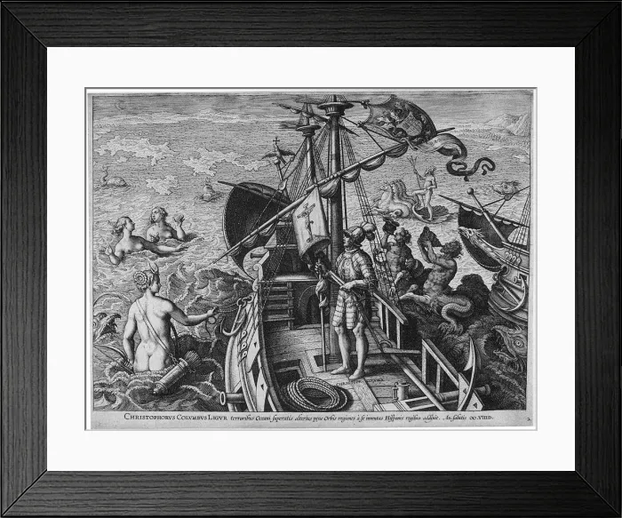 Framed Print : Christophorus Columbus Ligur (Americae Retectio), 1591. Artist: Galle, Philipp (1537-1612) Framed Print : Christophorus Columbus Ligur (Americae Retectio), 1591. Artist: Galle, Philipp (1537-1612)