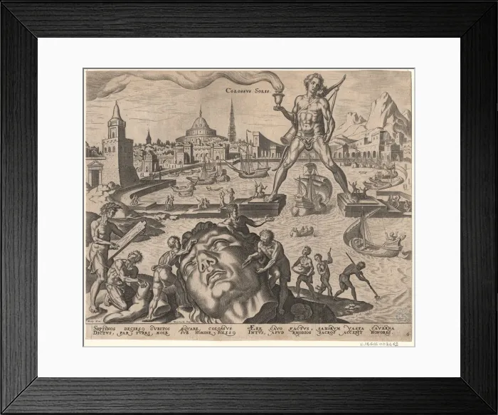 Framed Print : The Colossus of Rhodes (from the series The Eighth Wonders of the World) After Maarten van Heemskerck, 1572. Artist: Galle, Philipp (1537-1612) Framed Print : The Colossus of Rhodes (from the series The Eighth Wonders of the World) After Maarten van Heemskerck, 1572. Artist: Galle, Philipp (1537-1612)