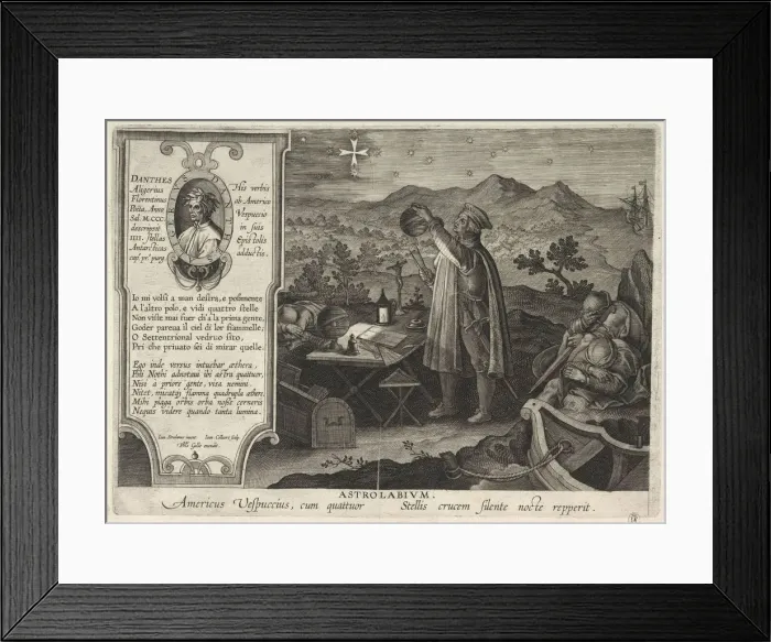 Framed Print : Amerigo Vespucci finding the Southern Cross constellation with an astrolabe (Americae Retectio), 1591. Artist: Galle, Philipp (1537-1612) Framed Print : Amerigo Vespucci finding the Southern Cross constellation with an astrolabe (Americae Retectio), 1591. Artist: Galle, Philipp (1537-1612)