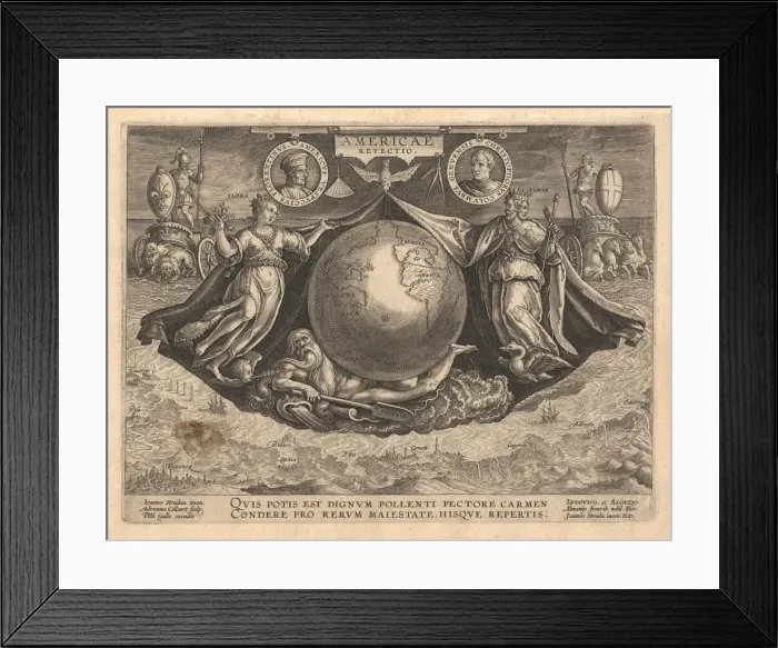 Framed Print : Americae Retectio (Cover), 1591. Artist: Galle, Philipp (1537-1612) Framed Print : Americae Retectio (Cover), 1591. Artist: Galle, Philipp (1537-1612)