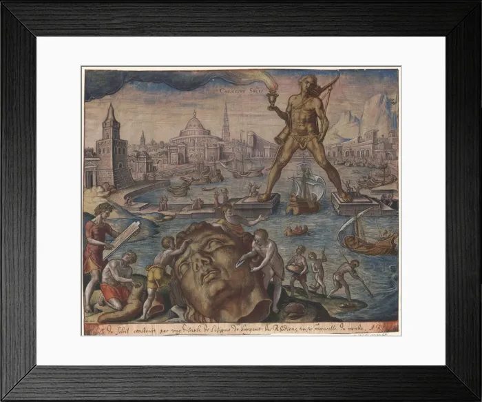 Framed Print : The Colossus of Rhodes (from the series The Eighth Wonders of the World) After Maarten van Heemskerck, 1572. Artist: Galle, Philipp (1537-1612) Framed Print : The Colossus of Rhodes (from the series The Eighth Wonders of the World) After Maarten van Heemskerck, 1572. Artist: Galle, Philipp (1537-1612)