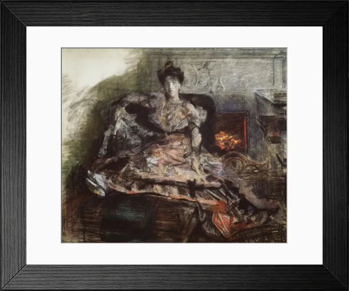 Framed Print : After the Concert. Portrait of N. Zabela-Vrubel at the fireplace in a dress designed by Vrubel, 1905. Artist: Vrubel, Mikhail Alexandrovich (1856-1910) Framed Print : After the Concert. Portrait of N. Zabela-Vrubel at the fireplace in a dress designed by Vrubel, 1905. Artist: Vrubel, Mikhail Alexandrovich (1856-1910)