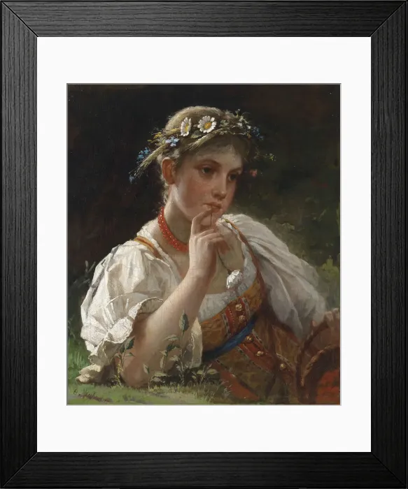 Framed Print : Young Girl with a Garland. Artist: Zhuravlev, Firs Sergeevich (1836-1901) Framed Print : Young Girl with a Garland. Artist: Zhuravlev, Firs Sergeevich (1836-1901)