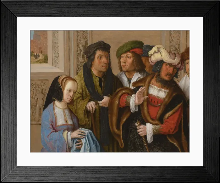 Framed Print : Potiphars Wife Displays Josephs Garment, c. 1512. Artist: Leyden, Lucas, van (1489 / 94-1533) Framed Print : Potiphars Wife Displays Josephs Garment, c. 1512. Artist: Leyden, Lucas, van (1489 / 94-1533)