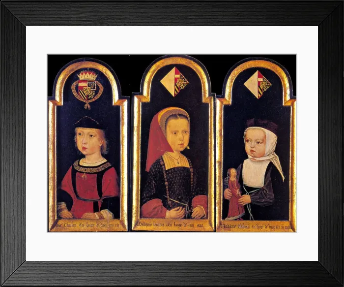 Framed Print : Archduke Charles, the later Holy Roman Emperor Charles V. with his sisters Eleanor and Isabella at the age of 2 years, 1502. Artist: Master of St. Georgsgilde (active ca 1500) Framed Print : Archduke Charles, the later Holy Roman Emperor Charles V. with his sisters Eleanor and Isabella at the age of 2 years, 1502. Artist: Master of St. Georgsgilde (active ca 1500)