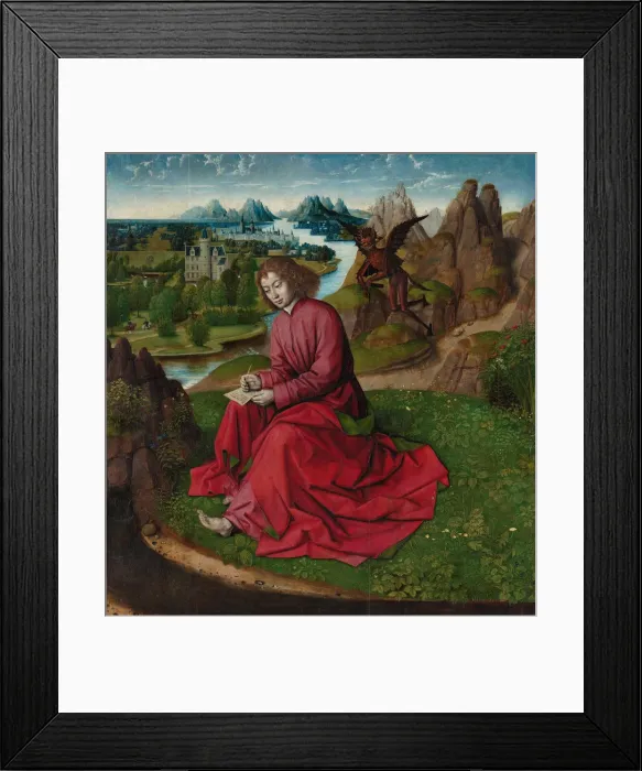 Framed Print : Saint John the Evangelist on Patmos, ca 1465. Artist: Bouts, Dirk, (Workshop) Framed Print : Saint John the Evangelist on Patmos, ca 1465. Artist: Bouts, Dirk, (Workshop)