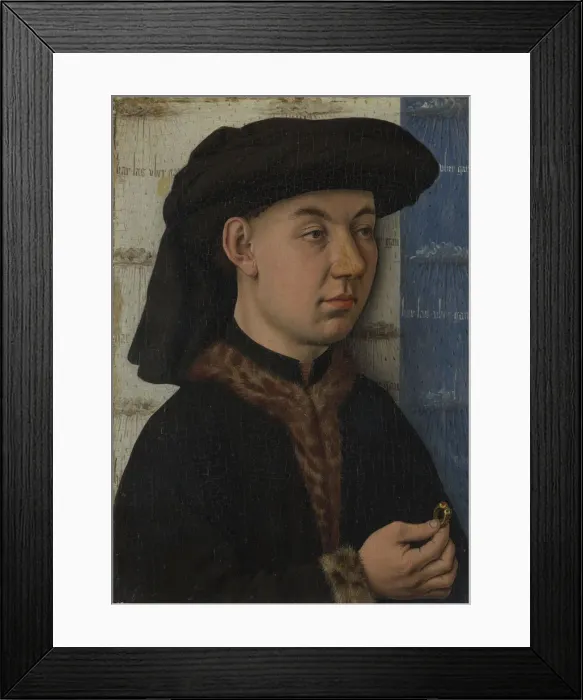 Framed Print : A Young Man holding a Ring, c. 1450. Artist: Eyck, Jan van, (School) Framed Print : A Young Man holding a Ring, c. 1450. Artist: Eyck, Jan van, (School)