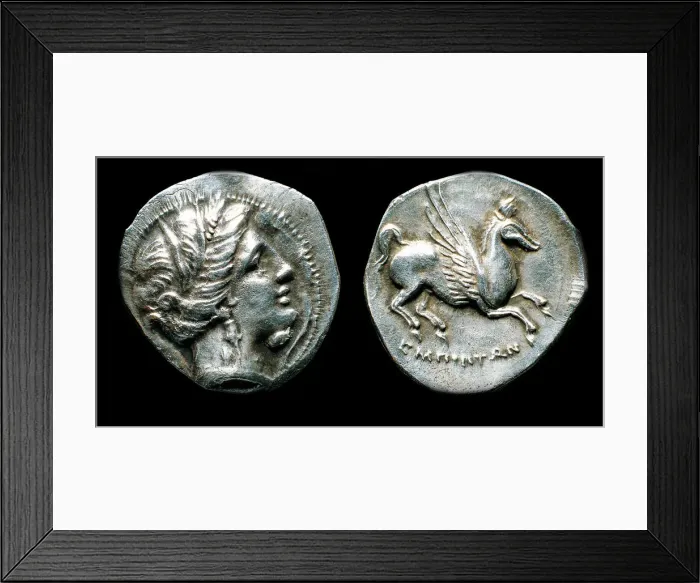 Framed Print : Drachma from Emporion. Obverse: Head of Persephone. Reverse: Pegasus, Third cent. BC. Artist: Numismatic, Ancient Coins Framed Print : Drachma from Emporion. Obverse: Head of Persephone. Reverse: Pegasus, Third cent. BC. Artist: Numismatic, Ancient Coins