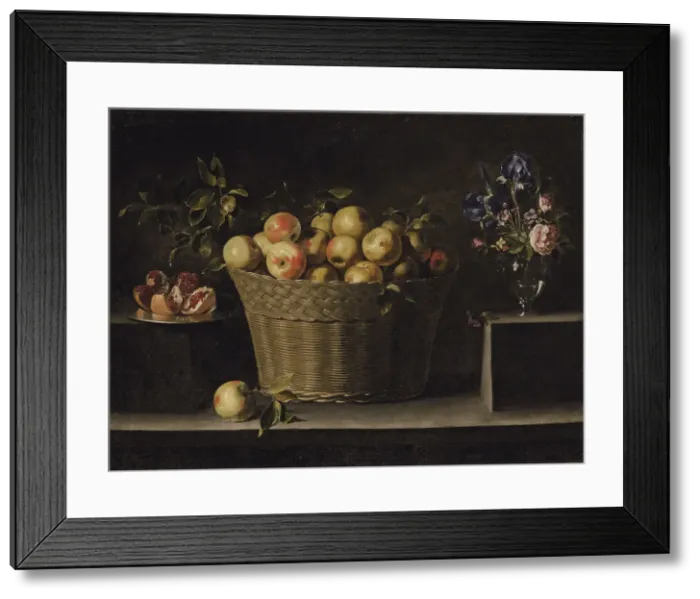 Framed Print : Apples in a wicker basket, an pomegranate on a silver plate and flowers in a glass vase. Artist: Zurbaran, Juan de (1620-1649) Framed Print : Apples in a wicker basket, an pomegranate on a silver plate and flowers in a glass vase. Artist: Zurbaran, Juan de (1620-1649)