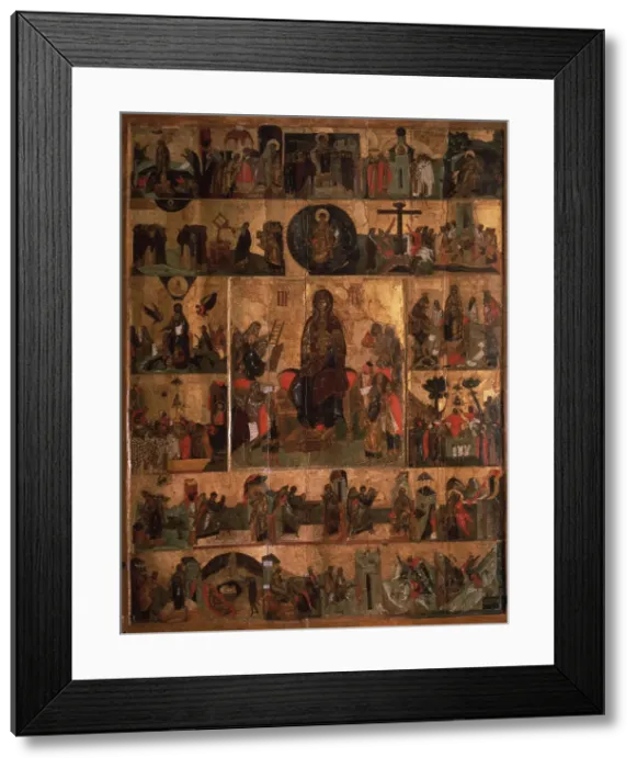 Framed Print : The Glorification of the Virgin (Akathist Hymn to the Most Holy Theotokos), 14th century. Artist: Russian icon Framed Print : The Glorification of the Virgin (Akathist Hymn to the Most Holy Theotokos), 14th century. Artist: Russian icon