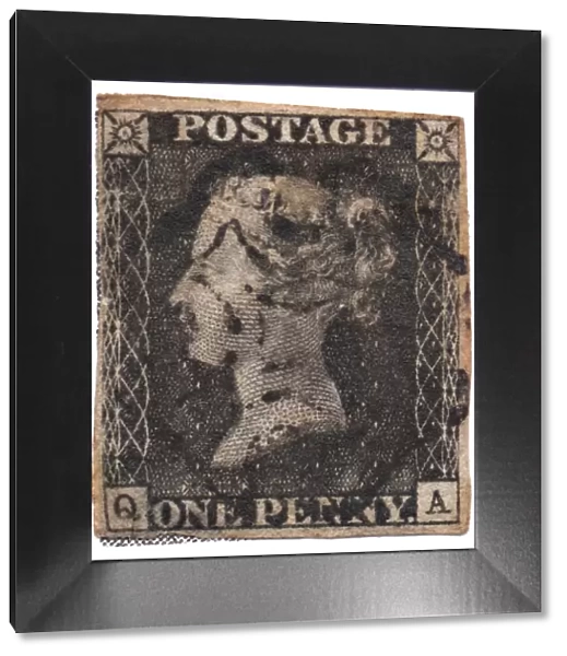 One Penny Black, the worlds first postage stamp, c. 1840. Artist: Philately