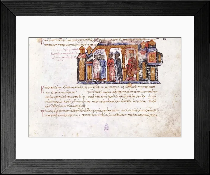 Framed Print : Grand Princess Olga visiting Constantine VII (Miniature from the Madrid Skylitzes), 11th-12th centur Artist: Anonymous Framed Print : Grand Princess Olga visiting Constantine VII (Miniature from the Madrid Skylitzes), 11th-12th centur Artist: Anonymous