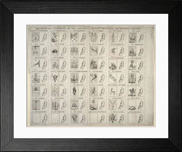 Framed Print : Arms and uniforms of the different Governorates of the Russian Empire, 1760. Artist: Anonymous Framed Print : Arms and uniforms of the different Governorates of the Russian Empire, 1760. Artist: Anonymous