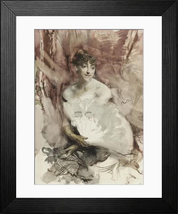 Framed Print : Woman with fan seated in a theatre box (Countess of Rasti), ca 1878. Artist: Boldini, Giovanni (1842-1931) Framed Print : Woman with fan seated in a theatre box (Countess of Rasti), ca 1878. Artist: Boldini, Giovanni (1842-1931)
