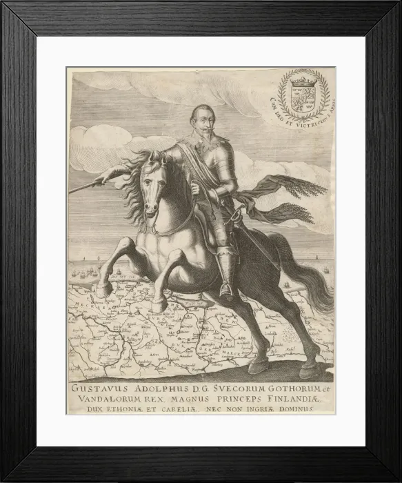 Framed Print : Gustavus Adolphus before the map of Pomerania in the background, 1630. Artist: Anonymous Framed Print : Gustavus Adolphus before the map of Pomerania in the background, 1630. Artist: Anonymous