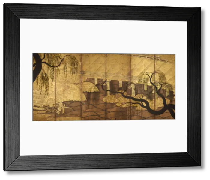 Framed Print : The River Bridge at Uji, 1568-1615. Artist: Anonymous