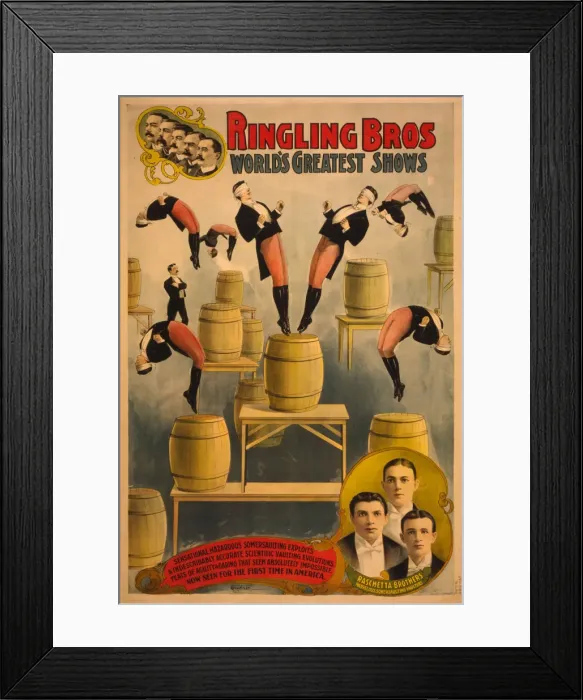 Framed Print : Ringling Bros, worlds greatest shows Raschetta brothers, marvelous somersaulting vaulters, c. 1900. Artist: Courier Company Lith Framed Print : Ringling Bros, worlds greatest shows Raschetta brothers, marvelous somersaulting vaulters, c. 1900. Artist: Courier Company Lith