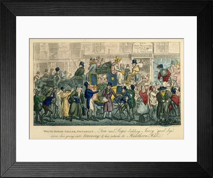 Framed Print : White Horse Cellar, Piccadilly (From: 36 scenes from real life), 1821. Artist: Cruikshank, Isaac Robert (1789-1856) Framed Print : White Horse Cellar, Piccadilly (From: 36 scenes from real life), 1821. Artist: Cruikshank, Isaac Robert (1789-1856)