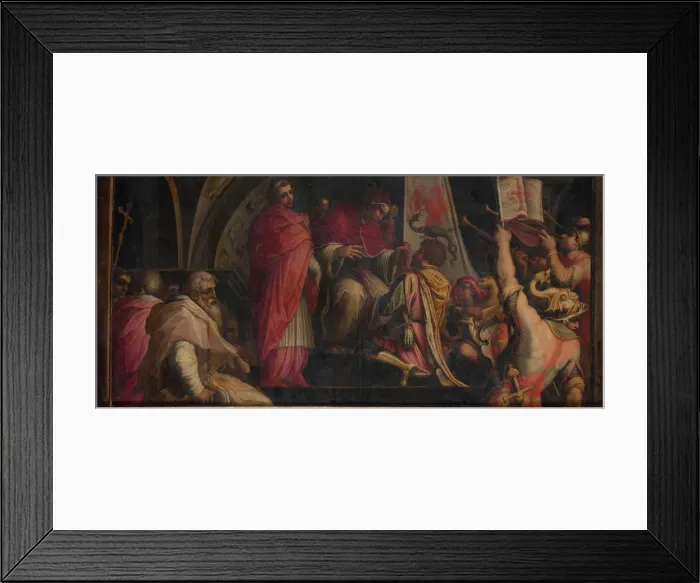 Framed Print : Pope Clement IV hands his insigna to the captains of the Guelph Party, 1563-1565. Artist: Vasari, Giorgio (1511-1574) Framed Print : Pope Clement IV hands his insigna to the captains of the Guelph Party, 1563-1565. Artist: Vasari, Giorgio (1511-1574)