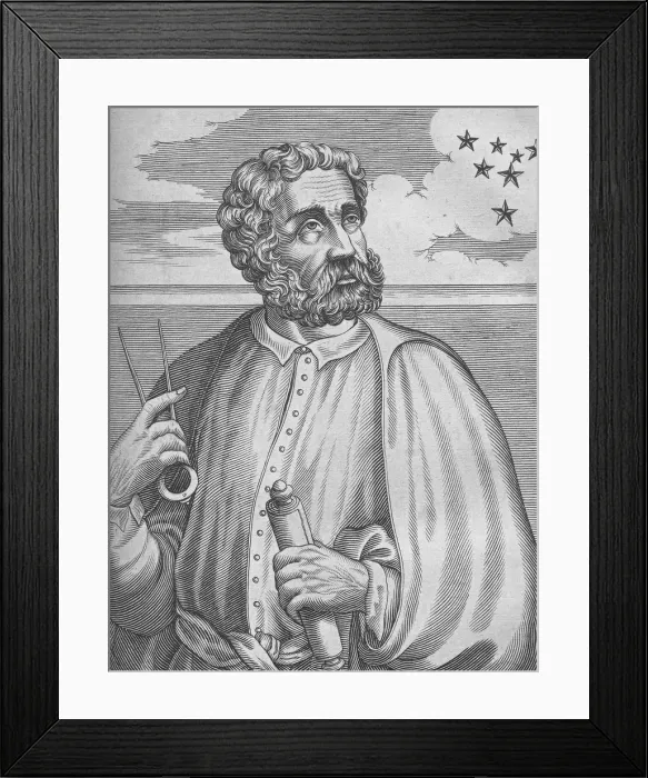 Framed Print : Portrait of Ferdinand Magellan. (From Isaac Bullart?s Academie des sciences et des arts), 1682. Artist: Larmessin, Nicolas de (1640-1725) Framed Print : Portrait of Ferdinand Magellan. (From Isaac Bullart?s Academie des sciences et des arts), 1682. Artist: Larmessin, Nicolas de (1640-1725)