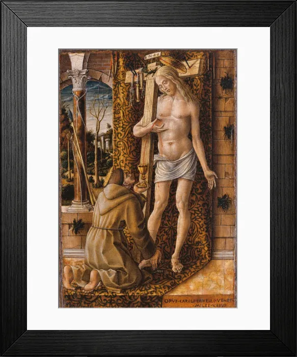 Framed Print : Saint Francis Catches the Blood of Christ from the Wounds, 1480-1490. Artist: Crivelli, Carlo (c. 1435-c. 1495) Framed Print : Saint Francis Catches the Blood of Christ from the Wounds, 1480-1490. Artist: Crivelli, Carlo (c. 1435-c. 1495)