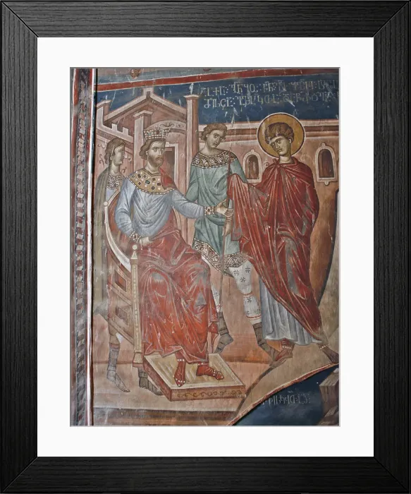Framed Print : Saint George before the Emperor Diokletian, 14th century. Artist: Master Gerasime (active 14th century) Framed Print : Saint George before the Emperor Diokletian, 14th century. Artist: Master Gerasime (active 14th century)