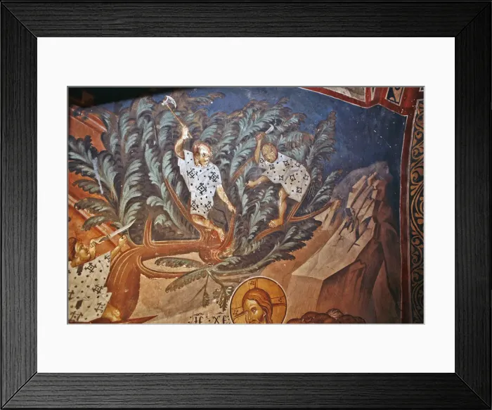 Framed Print : The Entry of Christ into Jerusalem. Detail: Children cutting palm tree branches, 14th century. Artist: Master Gerasime (active 14th century) Framed Print : The Entry of Christ into Jerusalem. Detail: Children cutting palm tree branches, 14th century. Artist: Master Gerasime (active 14th century)