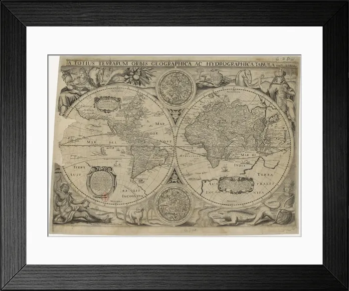 Framed Print : Nova totius terrarum orbis geographica ac hydrographica tabula (Map of the world), 1631. Artist: Hondius, Jodocus (1563-1612) Framed Print : Nova totius terrarum orbis geographica ac hydrographica tabula (Map of the world), 1631. Artist: Hondius, Jodocus (1563-1612)