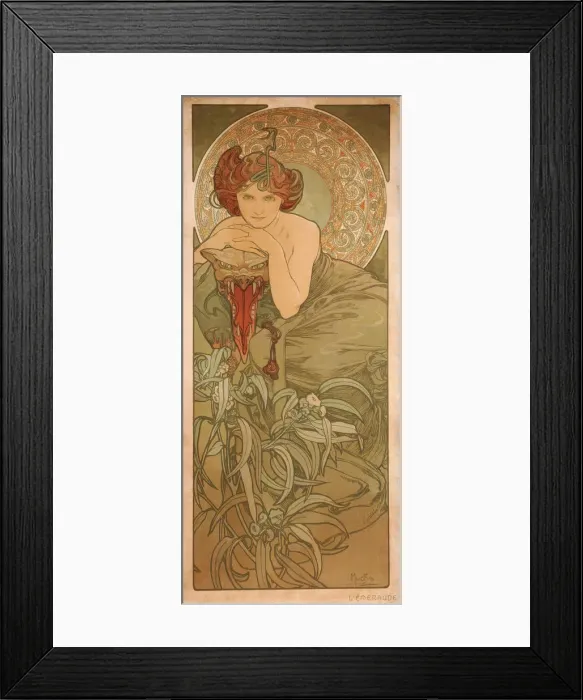 Framed Print : Emerald (From the series The gems). Artist: Mucha, Alfons Marie (1860-1939) Framed Print : Emerald (From the series The gems). Artist: Mucha, Alfons Marie (1860-1939)