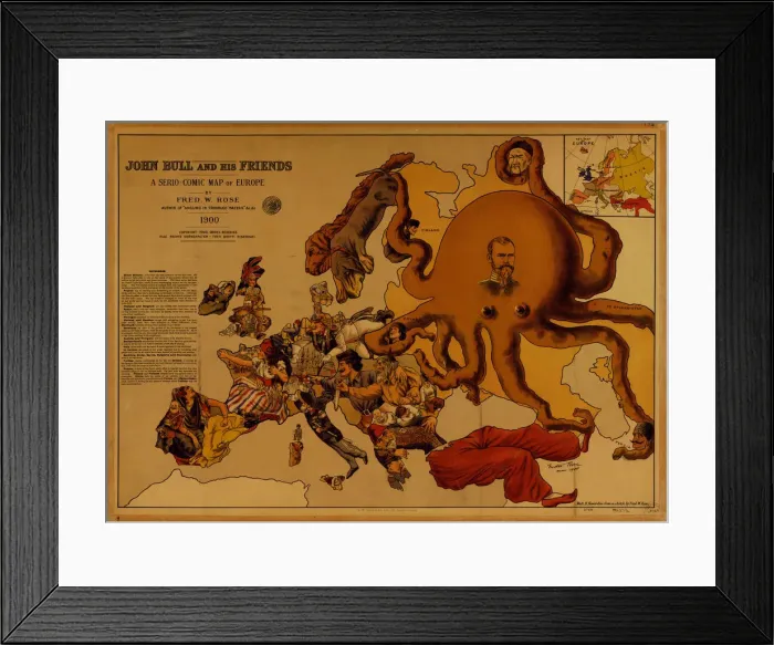 Framed Print : John Bull and his Friends. A Serio-Comic Map of Europe. Artist: Fred W. Rose (active End of 19th cen. ) Framed Print : John Bull and his Friends. A Serio-Comic Map of Europe. Artist: Fred W. Rose (active End of 19th cen. )