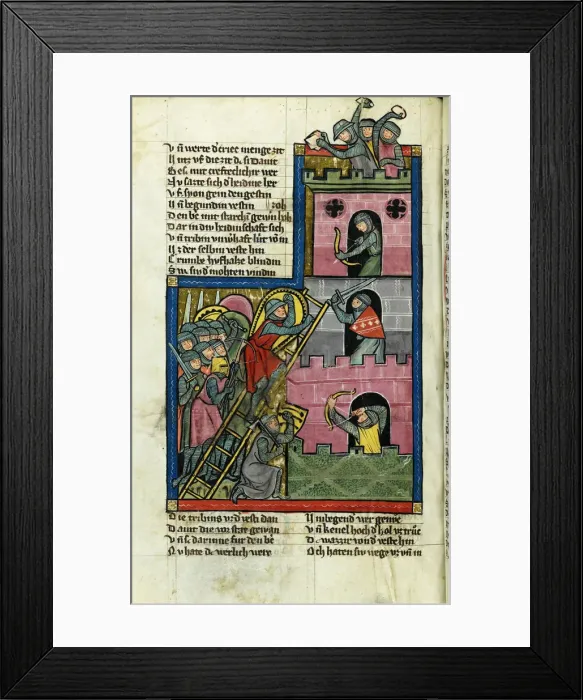 Framed Print : Taking a Castle in Jerusalem (From the Chronicle of the World (Weltchronik) by Rudolf von Ems). Artist: Master of the Chronicle of the World (Weltchronik) (active ca 1300) Framed Print : Taking a Castle in Jerusalem (From the Chronicle of the World (Weltchronik) by Rudolf von Ems). Artist: Master of the Chronicle of the World (Weltchronik) (active ca 1300)