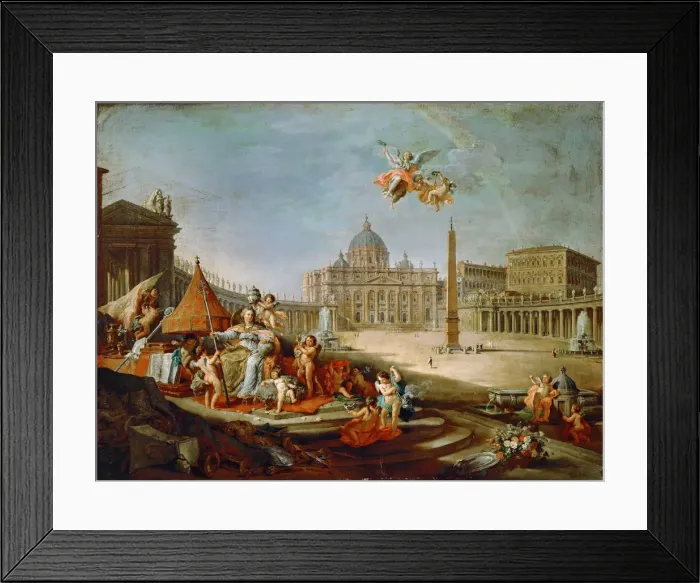 Framed Print : Piazza San Pietro, Rome with an allegory of the Triumph of the Papacy. Artist: Panini, Giovanni Paolo (1691-1765) Framed Print : Piazza San Pietro, Rome with an allegory of the Triumph of the Papacy. Artist: Panini, Giovanni Paolo (1691-1765)