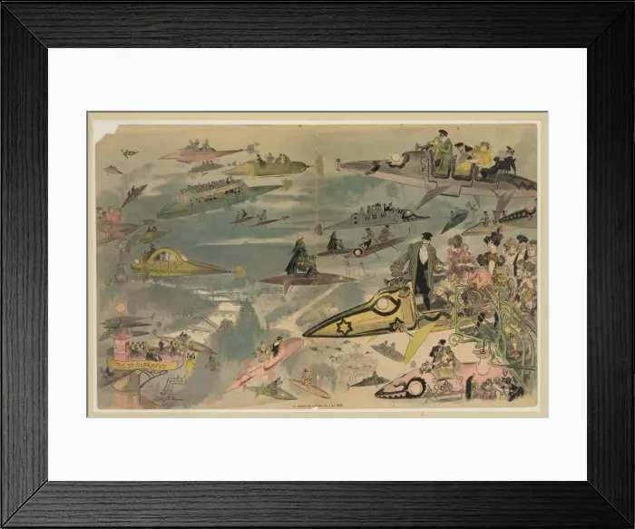 Framed Print : The exit of the opera in the year 2000 (Le Sortie de l opera en l an 2000). Artist: Robida, Albert (1848-1926)
