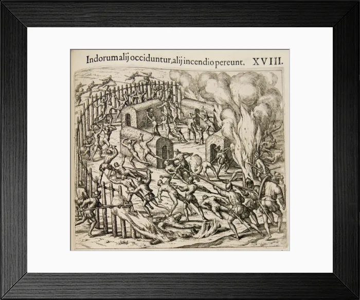 Framed Print : Some Indians are killed, some perish in a fire. (From: Americae pars qvarta). Artist: Bry, Theodor de (1528-1598) Framed Print : Some Indians are killed, some perish in a fire. (From: Americae pars qvarta). Artist: Bry, Theodor de (1528-1598)