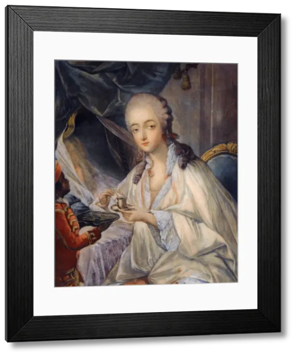 Framed Print : Jeanne Becu, comtesse Du Barry (1743-1793) with a cup of coffee. Artist: Gautier Dagoty, Jean-Baptiste Andre (1740-1786) Framed Print : Jeanne Becu, comtesse Du Barry (1743-1793) with a cup of coffee. Artist: Gautier Dagoty, Jean-Baptiste Andre (1740-1786)