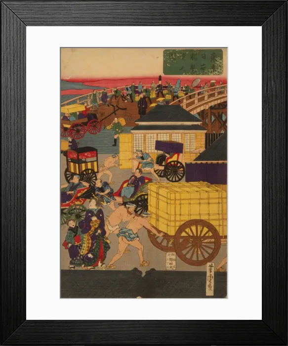 Framed Print : Flourishing Nihonbashi section of Tokyo. (Tokyo Nihonbashi han ei no zu) Triptych. Artist: Yoshitora, Utagawa (active 1850-1880) Framed Print : Flourishing Nihonbashi section of Tokyo. (Tokyo Nihonbashi han ei no zu) Triptych. Artist: Yoshitora, Utagawa (active 1850-1880)